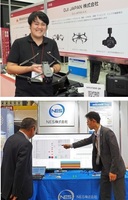 DJI JAPAN株式会 社のブースでドローンの用途 などを解説していただいた同社の木田雄貴さん （写真上）、NES株式会社の展示ブースの様子（写真下）。
